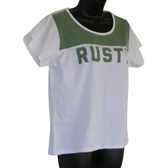new RUSTY Tshirt, 10/M, White/Green Yoke, Short sleeves, Logo front, Cotton - Picture 3 of 9